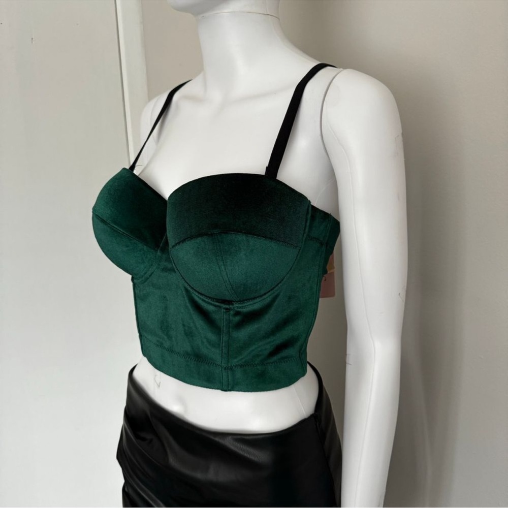 Micas Emerald Green Velvet Bustier Crop Top Corset Style Padded Cups Party - Picture 3 of 3